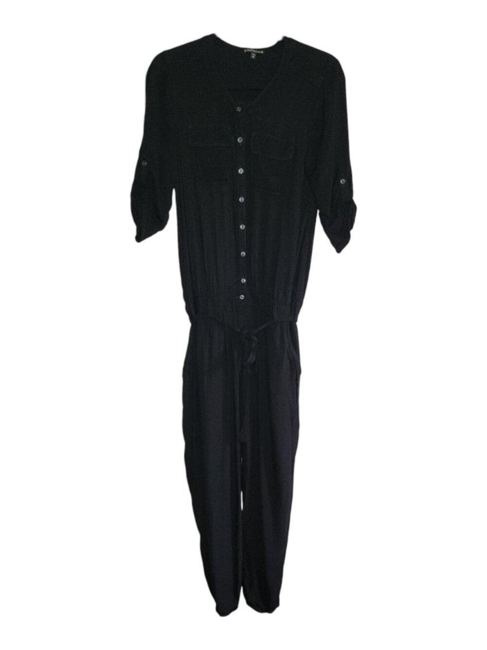 Express Jumpsuit Womens Size XS Solid Black Pockets Belted Classic Button Front‎
